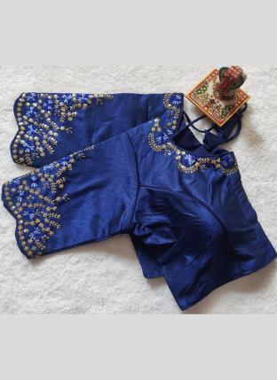Navy Blue Phantom Silk Party Wear Embroidery Work Blouse