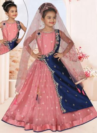 Blue Silk Party Wear Embroidery Work Kids Gown