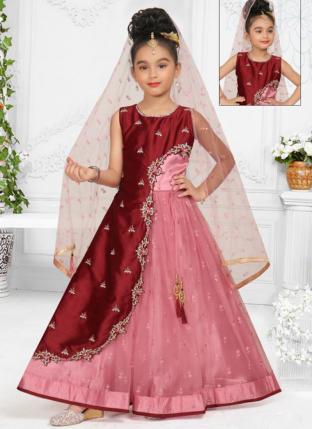 Maroon Silk Party Wear Embroidery Work Kids Gown