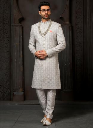 cream Art Silk Wedding Wear Thread Work Sherwani