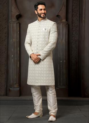 light grey Art Silk Wedding Wear Thread Work Sherwani