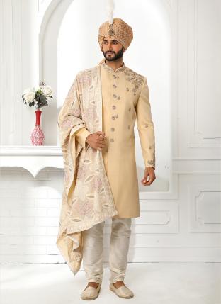 Beige Art Silk Wedding Wear Fancy Sherwani With Stole