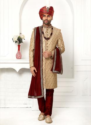 Beige Art Silk Wedding Wear Thread Work Sherwani With Stole