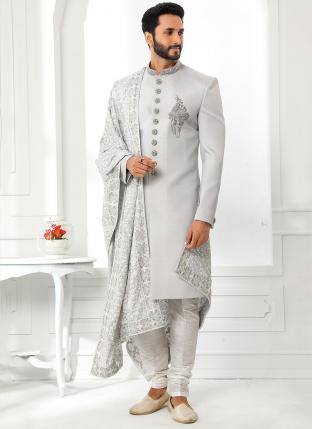 Grey Art Silk Wedding Wear Fancy Sherwani With Stole