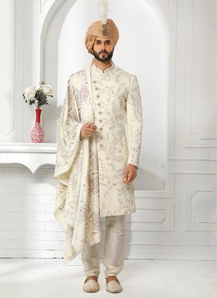 cream Art Silk Wedding Wear Fancy Sherwani With Stole