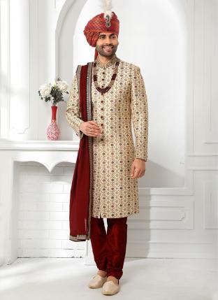 cream Art Silk Wedding Wear Thread Work Sherwani With Stole