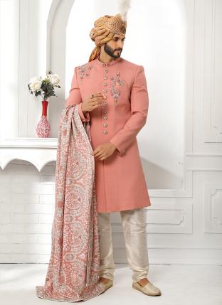 dark peach Art Silk Wedding Wear Fancy Sherwani With Stole