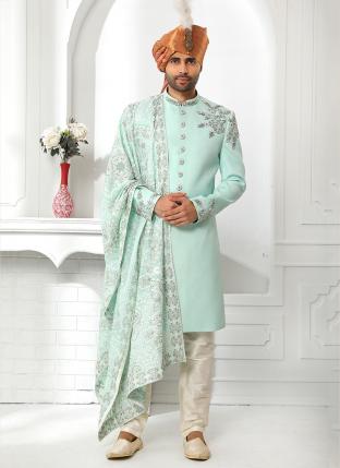 pista green Art Silk Wedding Wear Fancy Sherwani With Stole