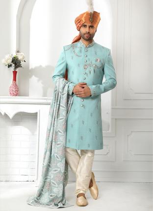 teal blue Art Silk Wedding Wear Fancy Sherwani With Stole