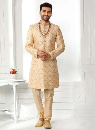 Beige Art Silk Wedding Wear Thread Work Sherwani