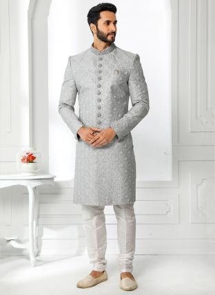 Grey Art Silk Wedding Wear Thread Work Sherwani