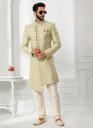 green Art Silk Wedding Wear Thread Work Sherwani
