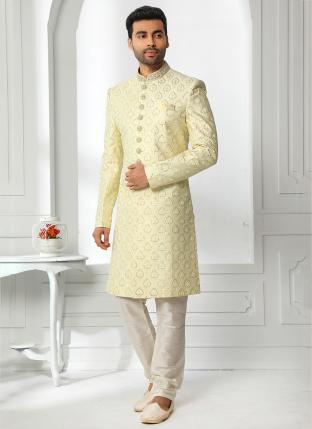 yellow Art Silk Wedding Wear Thread Work Sherwani