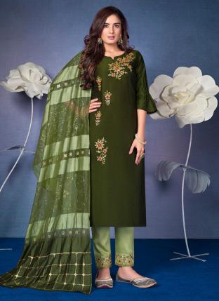 Green Bemberg Silk Party Wear Hand Work Readymade Salwar Suit