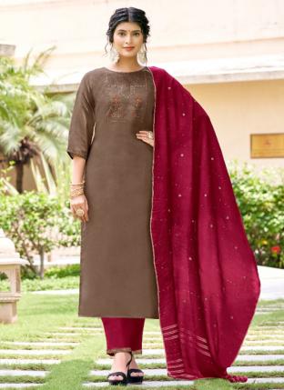 Brown Pure Silk Festival Wear Embroidery Work Readymade Salwar Suit