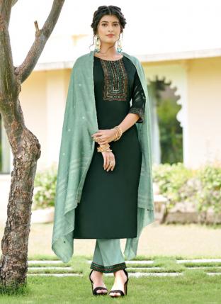 Green Pure Silk Festival Wear Embroidery Work Readymade Salwar Suit