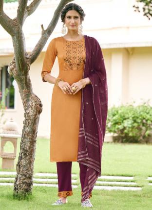 Orange Pure Silk Festival Wear Embroidery Work Readymade Salwar Suit