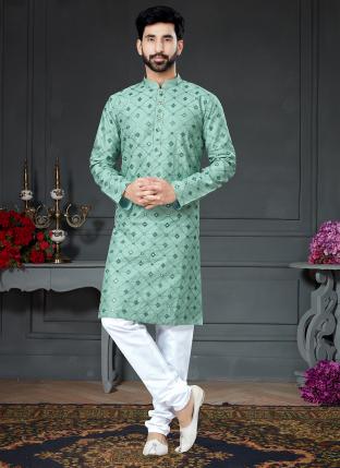 Pista Green Cotton Art Silk Traditional Wear Embroidery Work Kurta Pajama