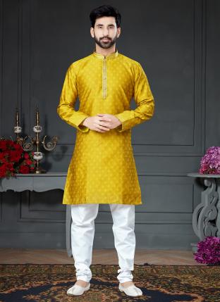 Bright Yellow Silk Traditional Wear Wooven Kurta Pajama