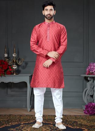 Dark Pink Silk Traditional Wear Wooven Kurta Pajama