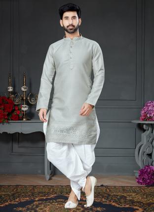 Grey Silk Traditional Wear Jacquard Kurta Pajama