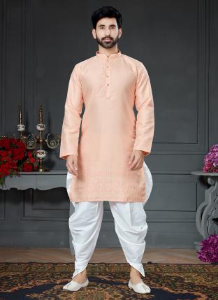 Peach Silk Traditional Wear Jacquard Kurta Pajama