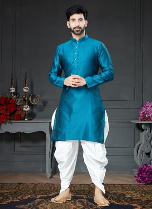 Rama Blue Silk Traditional Wear Wooven Kurta Pajama