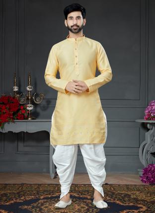Yellow Silk Traditional Wear Jacquard Kurta Pajama