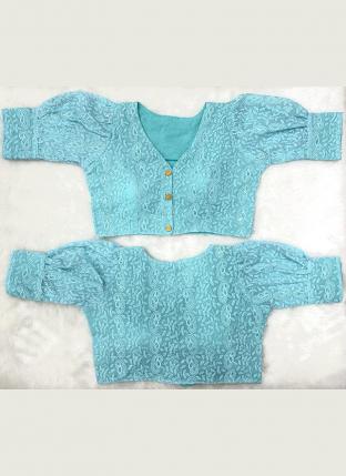 Sky Blue Cotton Party Wear Chikan Work Blouse