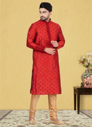 Red Dupion silk Traditional Wear Weaving Kurta Pajama