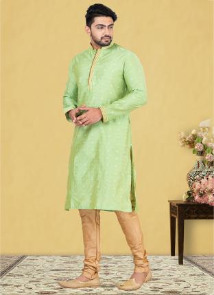 Seagreen Thread cotton Traditional Wear Weaving Kurta Pajama