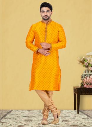 Yellow Dupion silk Traditional Wear Weaving Kurta Pajama