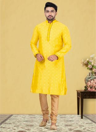 Yellow Thread cotton Traditional Wear Weaving Kurta Pajama