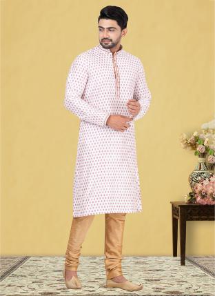 Cream Dupion silk Traditional Wear Weaving Kurta Pajama