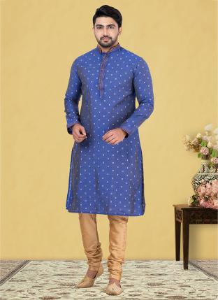 Navy blue Thread cotton Traditional Wear Weaving Kurta Pajama