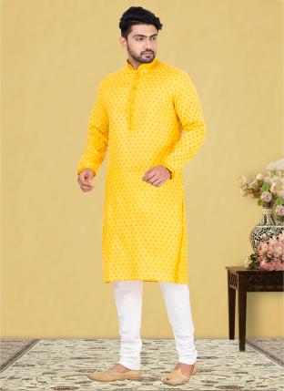 Yellow Cotton linen Traditional Wear Weaving Kurta Pajama