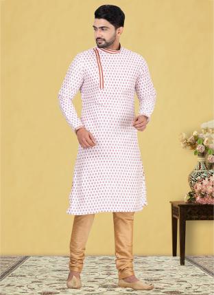 Cream Dupion silk Traditional Wear Weaving Kurta Pajama