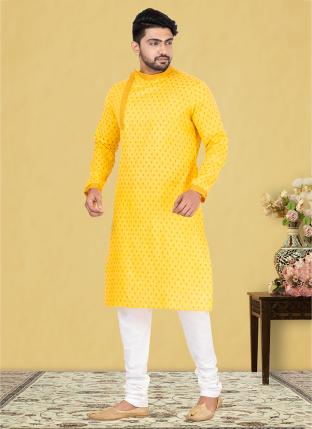 Yellow Cotton linen Traditional Wear Weaving Kurta Pajama