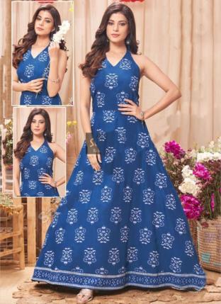 Blue Crepe Casual Wear Printed Work Gown