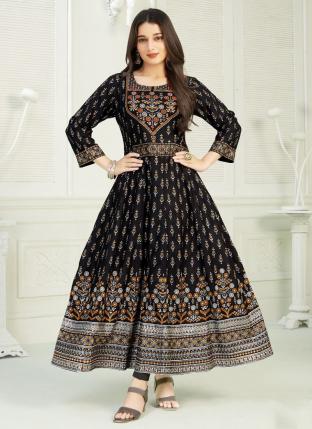 Black Rayon Casual Wear Foil Printed Gown