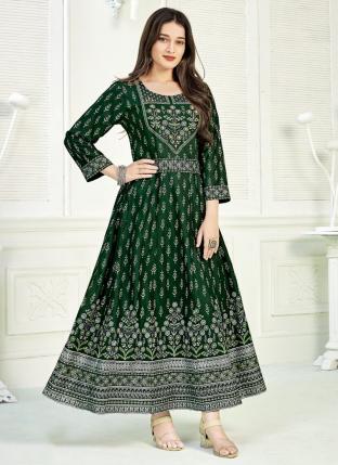 Green Rayon Casual Wear Foil Printed Gown
