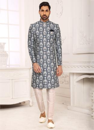 Blue Digital print with single thread work Wedding Wear Weaving Nawabi Indo Western