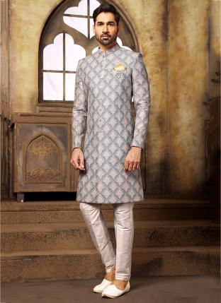 Blue Digital print with single thread work Wedding Wear Weaving Nawabi Indo Western