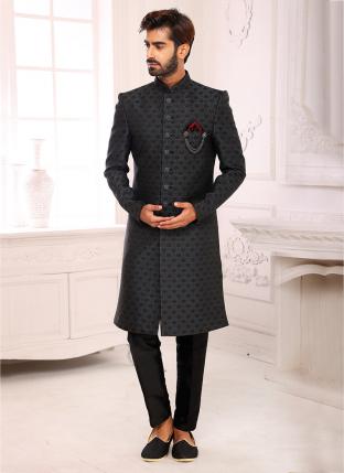 Dark grey Imported brocade jaquard Wedding Wear Weaving Nawabi Indo Western