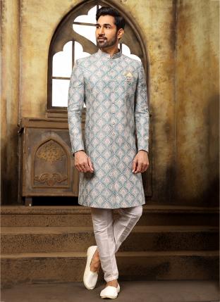 Green Digital print with single thread work Wedding Wear Weaving Nawabi Indo Western