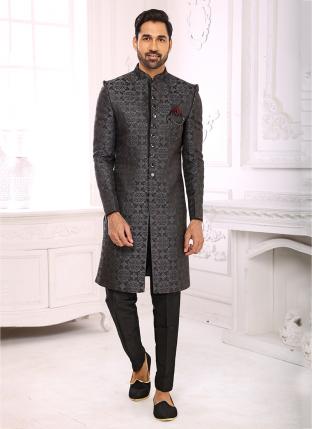 Grey Imported brocade jaquard Wedding Wear Weaving Nawabi Indo Western