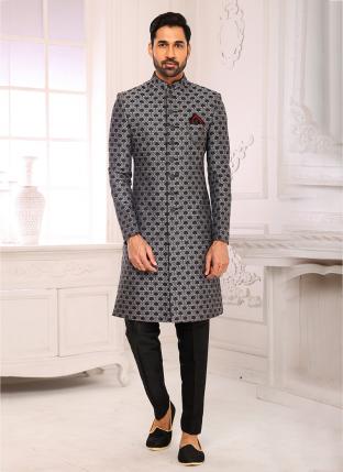 Light grey Imported brocade jaquard Wedding Wear Weaving Nawabi Indo Western