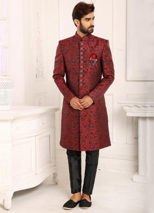 Maroon Imported brocade jaquard Wedding Wear Weaving Nawabi Indo Western