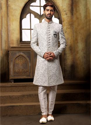 Off white Imported brocade jaquard Wedding Wear Weaving Nawabi Indo Western