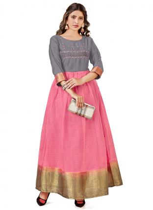 Pink Pure Organza Traditional Wear Hand Work Gown